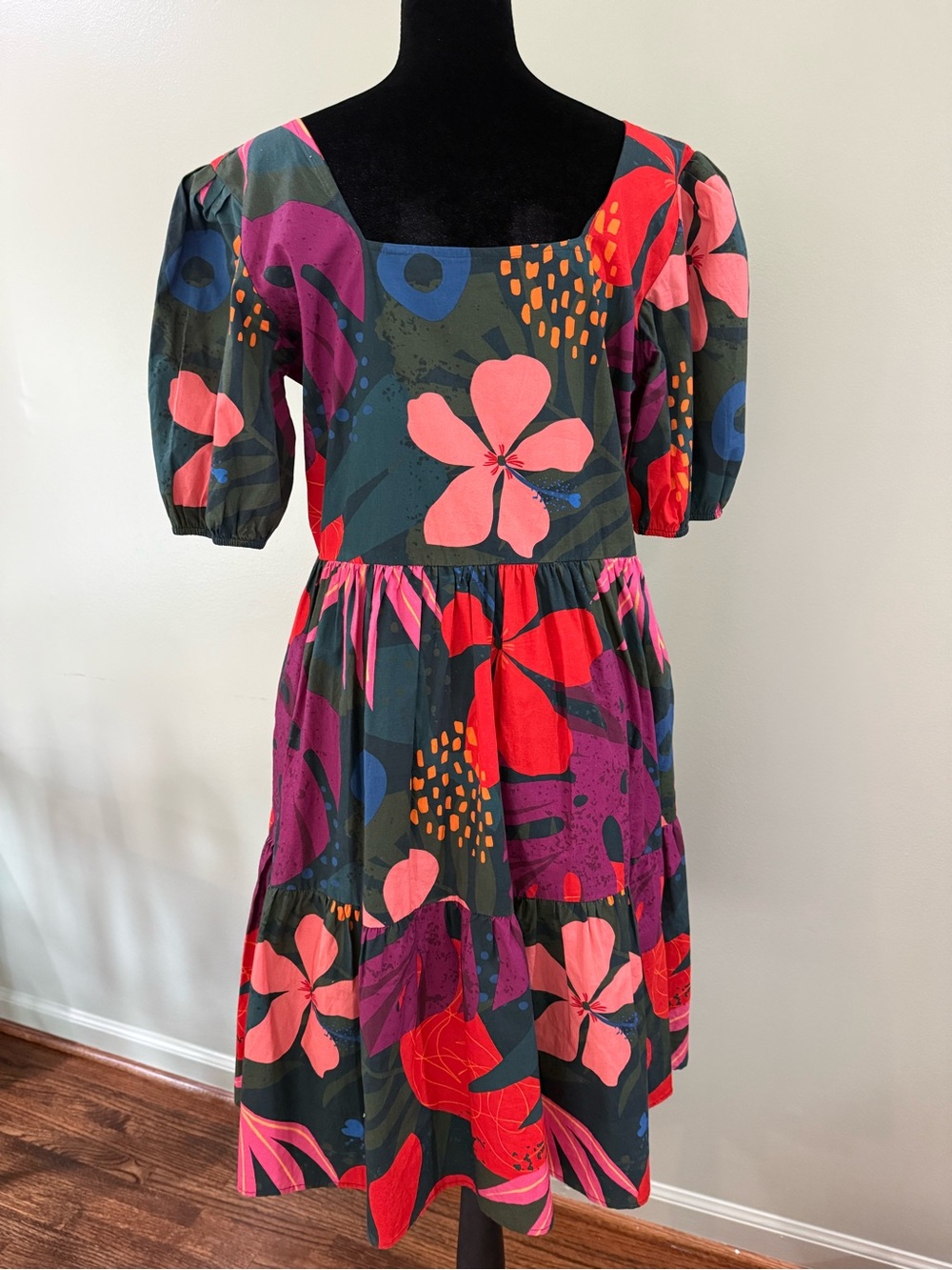 Bold Floral Puff-Sleeve Square Neck Dress - Multi Pink & Green